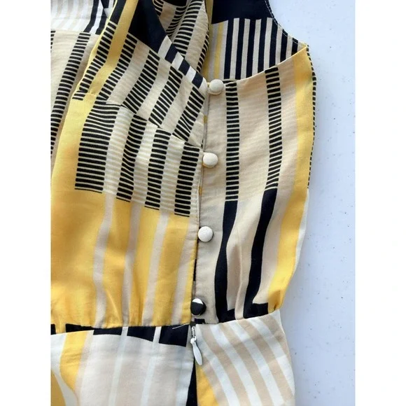 Anthropologie Maeve Silk Yellow Black Geometric Midi Dress 0 Pockets Mod - Picture 4 of 9